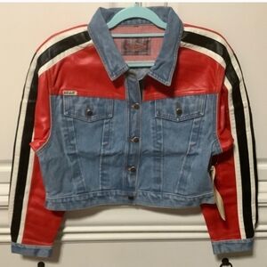 Revolt jean jacket denim and faux red leather women’s NWT  size M